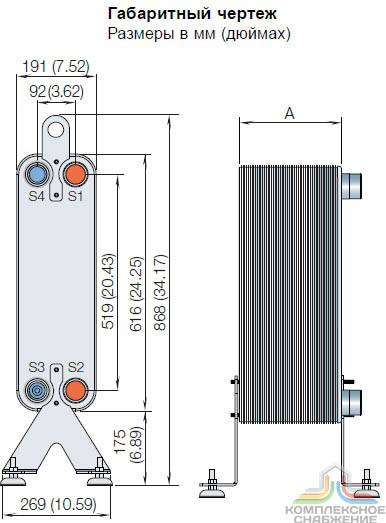 Габаритный чертеж паяного теплообменника Alfa Laval ACH112